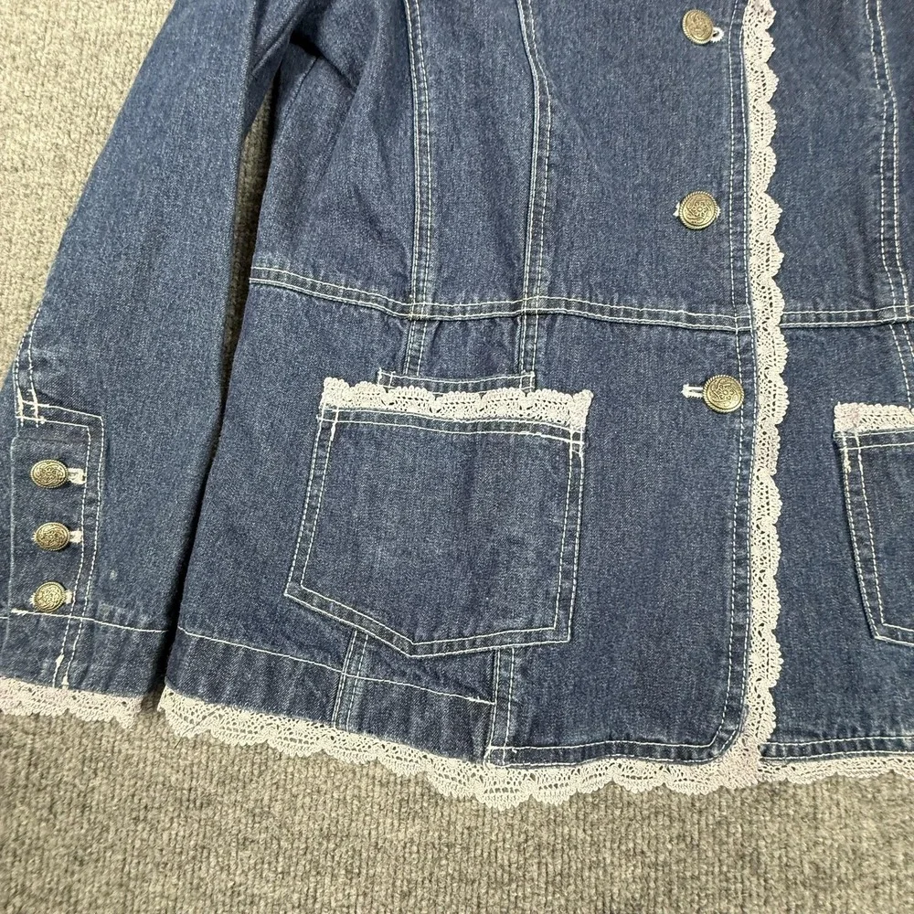 Denim & Co. Blazer Jacket Womens Medium Blue Denim Lace Trim Button Front Boho - Picture 7 of 15